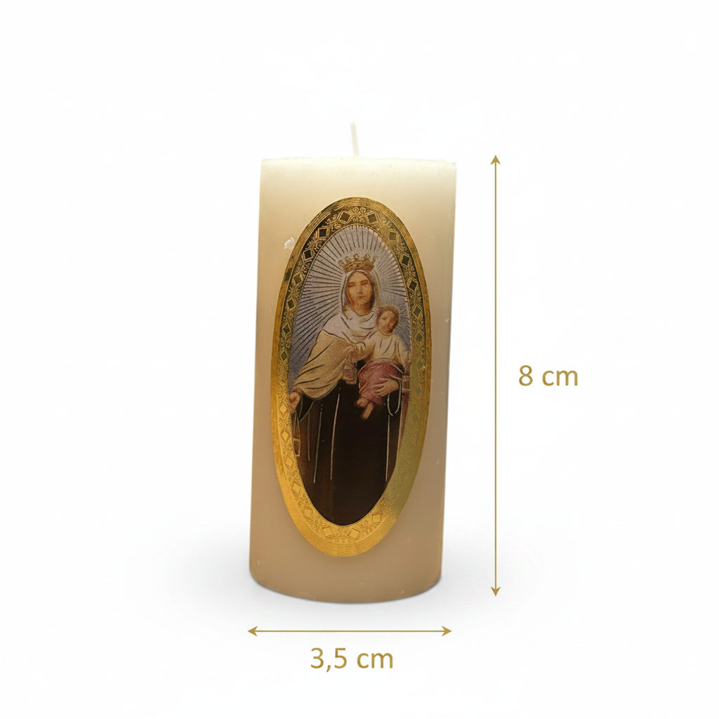 Velas Religiosas Virgen del Carmen · 8x3.5cm · Pack 12 piezas