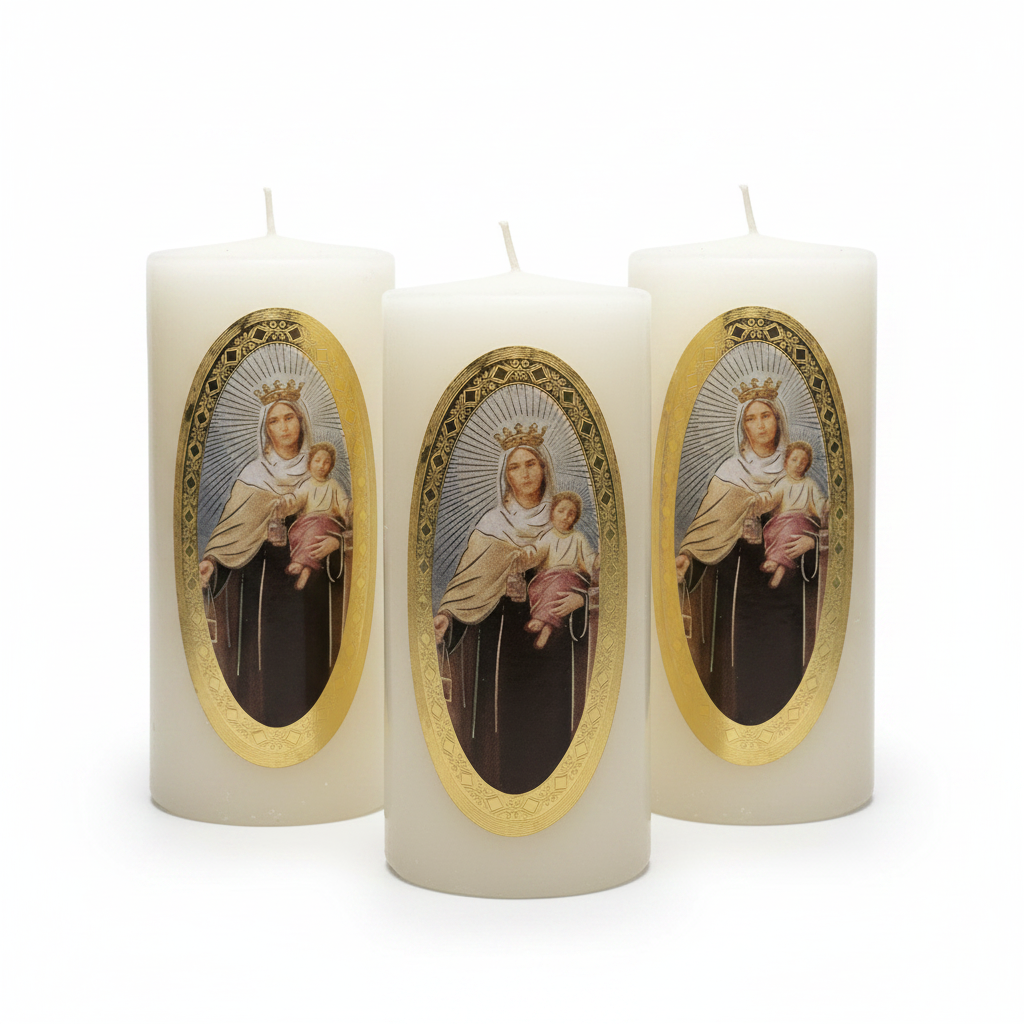 Velas Religiosas Virgen del Carmen · 8x3.5cm · Pack 12 piezas