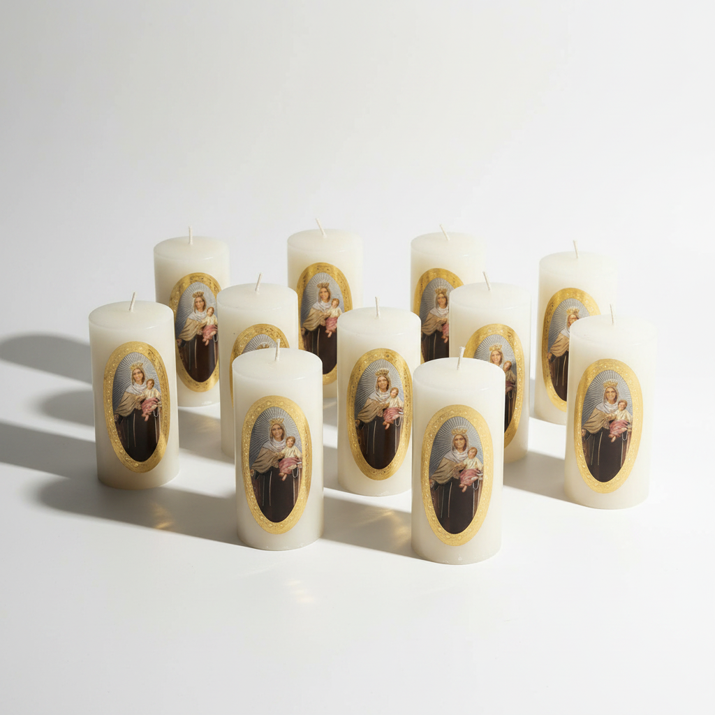 Velas Religiosas Virgen del Carmen · 8x3.5cm · Pack 12 piezas