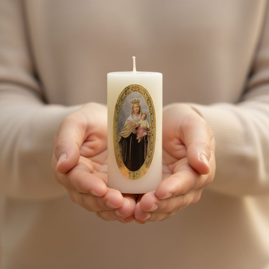 Velas Religiosas Virgen del Carmen · 8x3.5cm · Pack 12 piezas