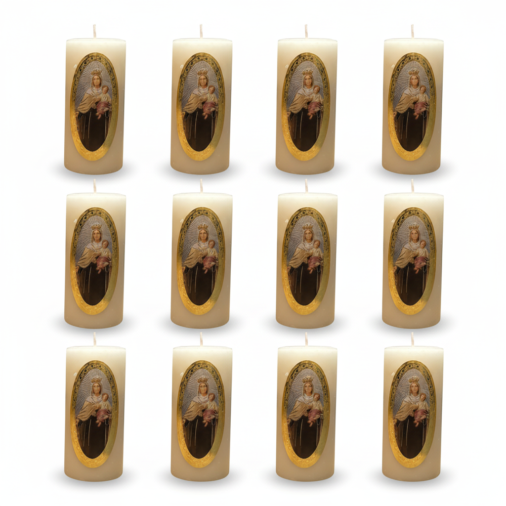 Velas Religiosas Virgen del Carmen · 8x3.5cm · Pack 12 piezas