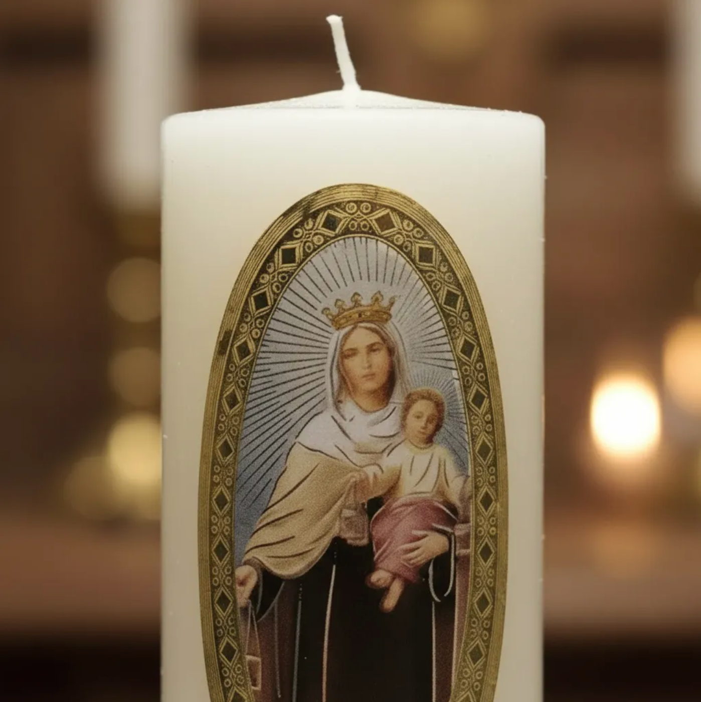 Velas Religiosas Virgen del Carmen · 8x3.5cm · Pack 12 piezas