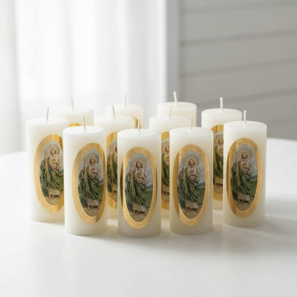 Velas Religiosas San Judas Tadeo · 8x3.5cm · Pack 12 piezas