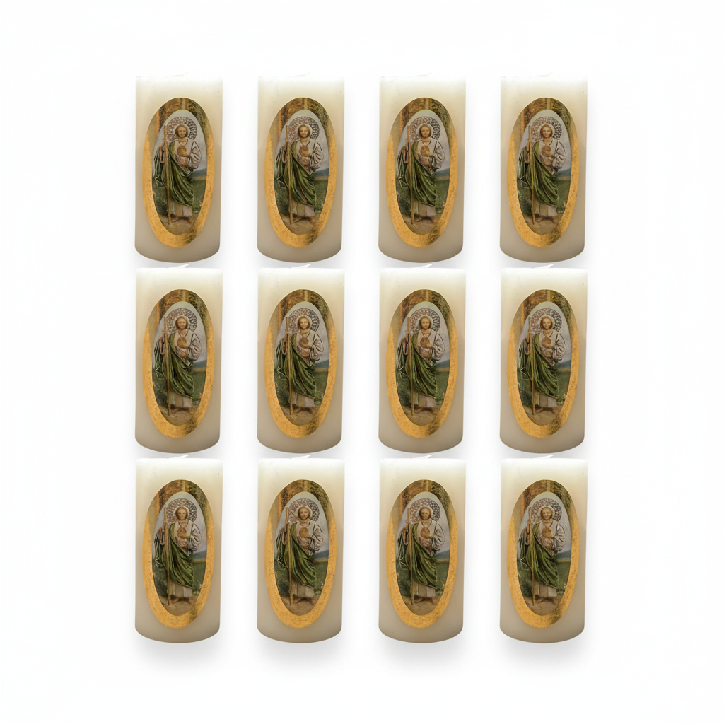 Velas Religiosas San Judas Tadeo · 8x3.5cm · Pack 12 piezas
