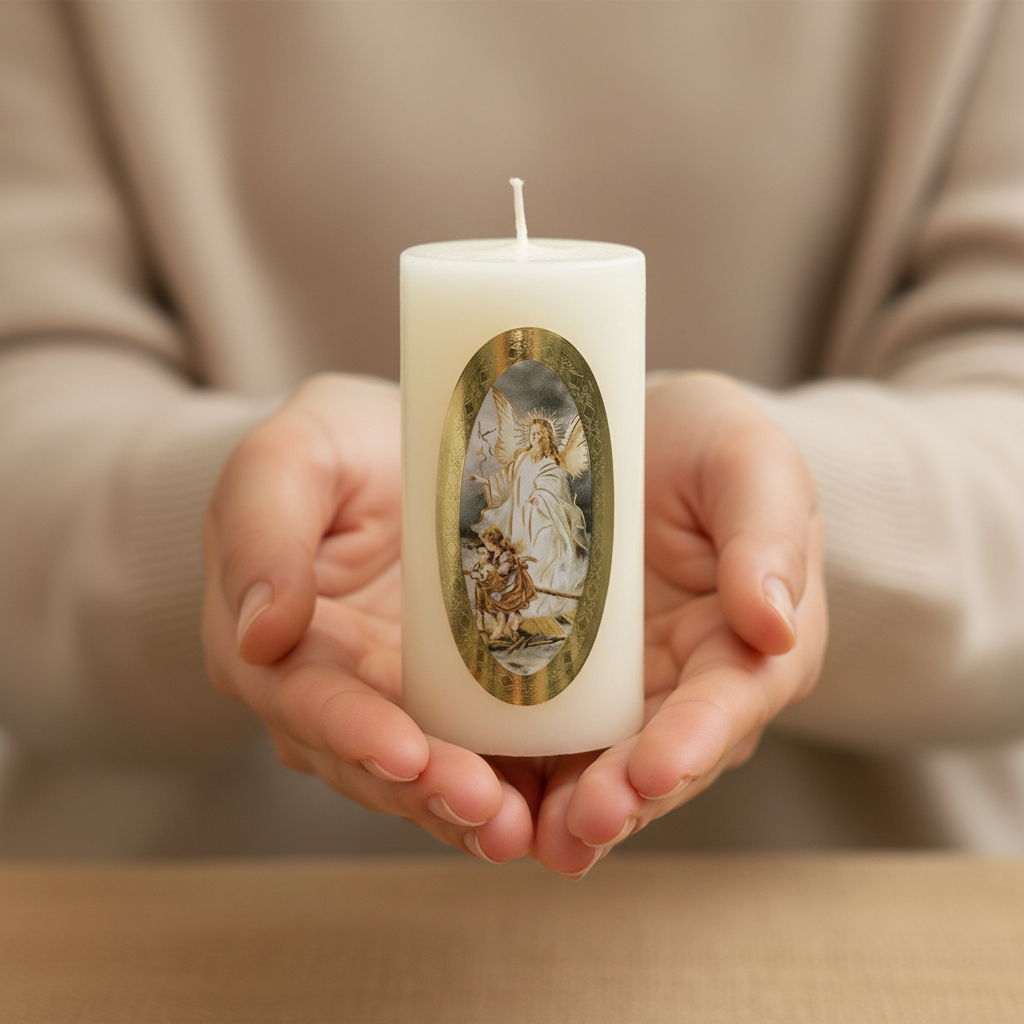 Vela Religiosa Angel de la Guarda · 8x3.5cm · Pack 12 piezas