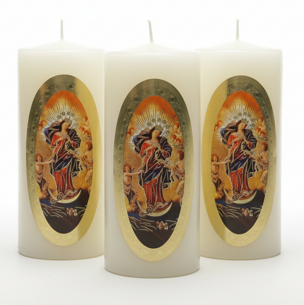 Vela Religiosa Virgen Desatanudos · 8x3.5cm · Pack 12 piezas