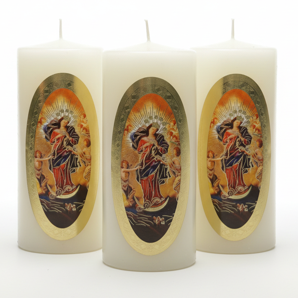 Vela Religiosa Virgen Desatanudos · 8x3.5cm · Pack 12 piezas