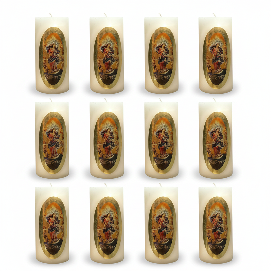 Vela Religiosa Virgen Desatanudos · 8x3.5cm · Pack 12 piezas