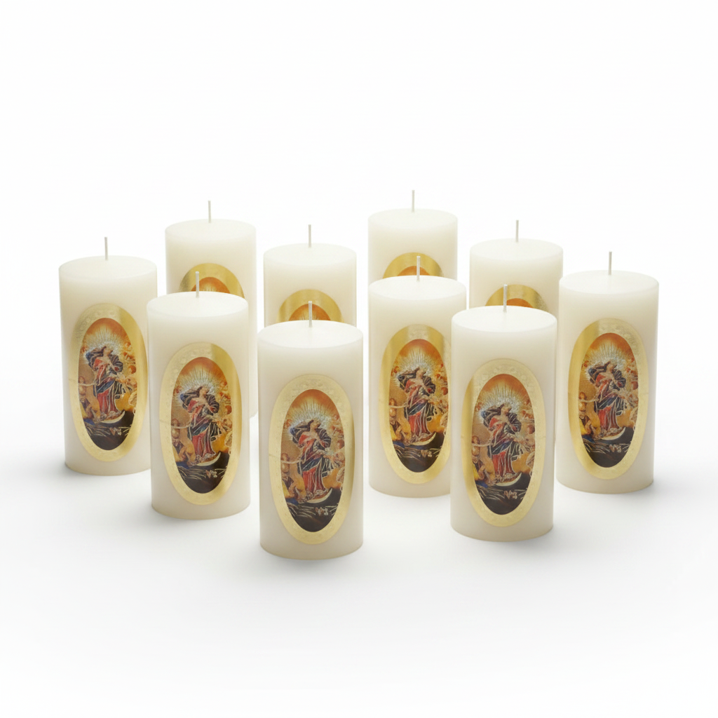 Vela Religiosa Virgen Desatanudos · 8x3.5cm · Pack 12 piezas