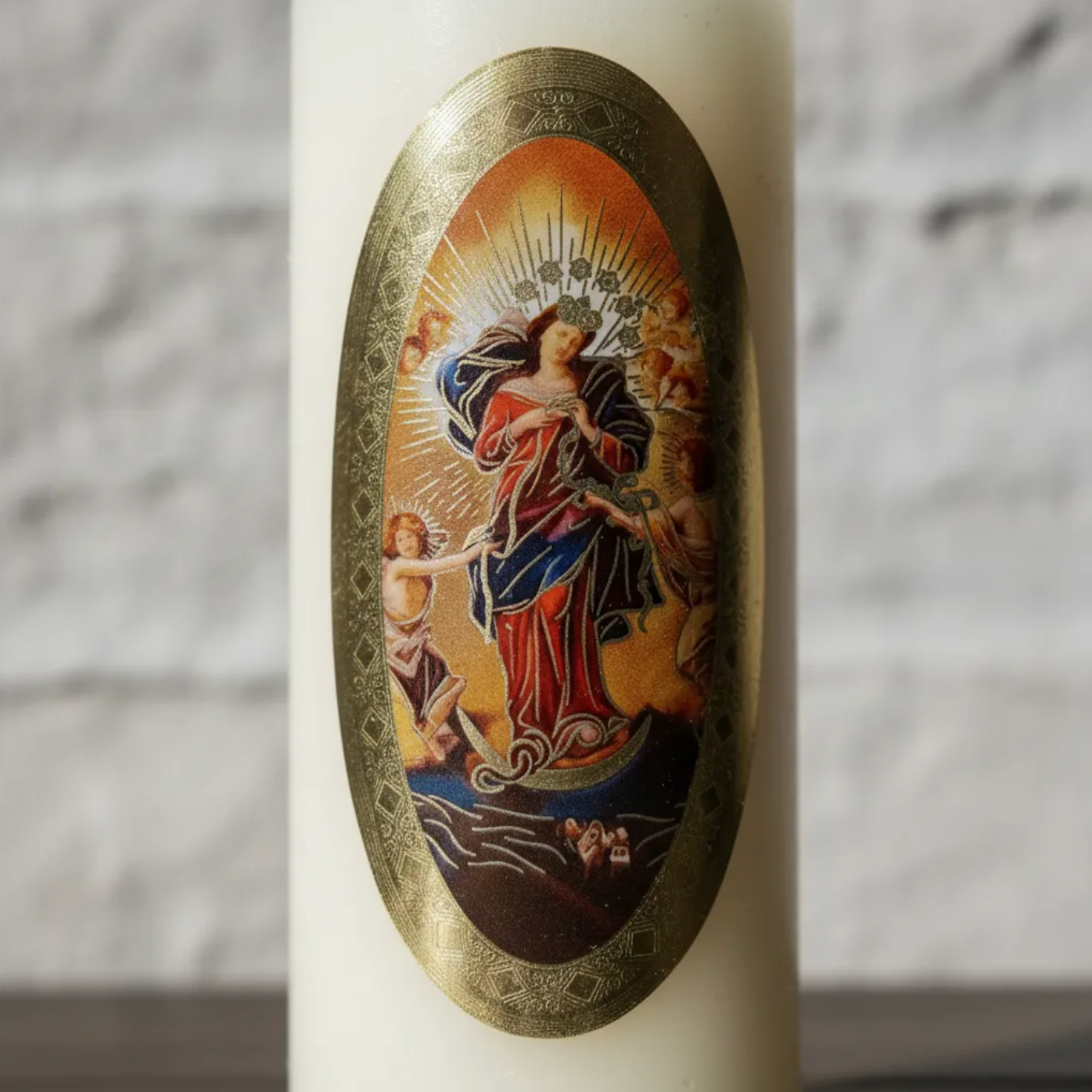 Vela Religiosa Virgen Desatanudos · 8x3.5cm · Pack 12 piezas