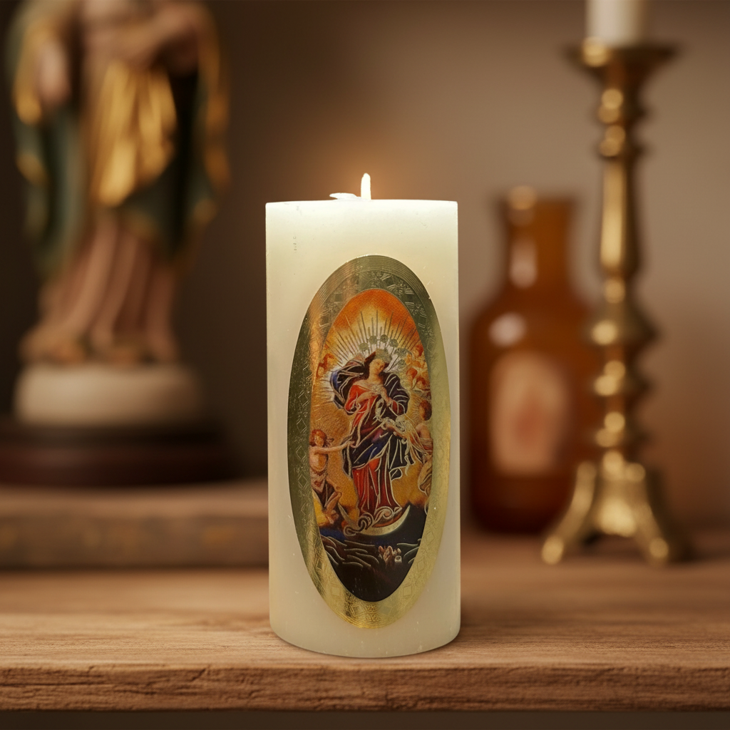 Vela Religiosa Virgen Desatanudos · 8x3.5cm · Pack 12 piezas