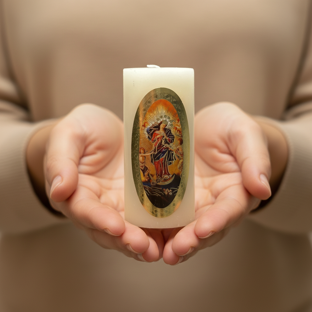 Vela Religiosa Virgen Desatanudos · 8x3.5cm · Pack 12 piezas