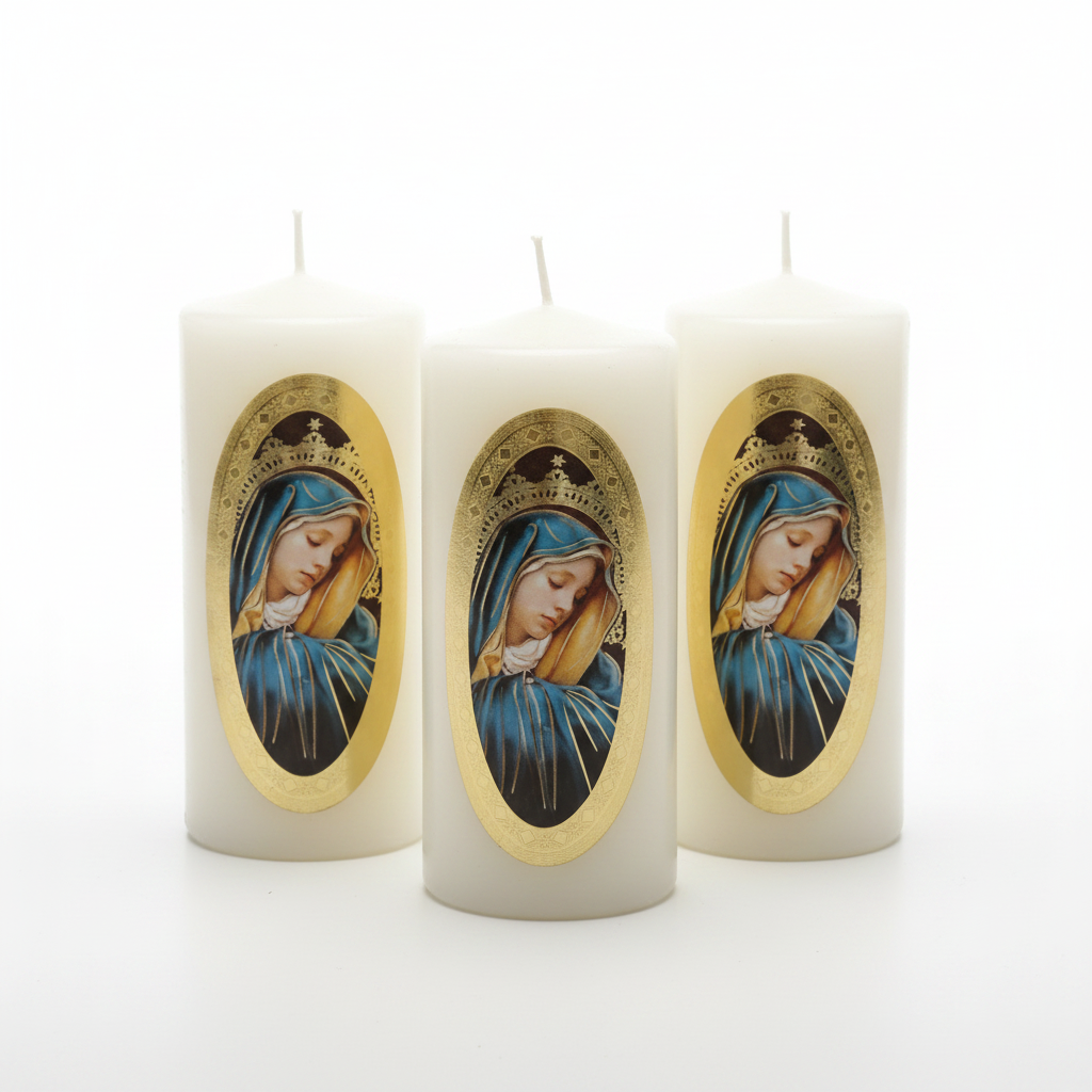 Velas Religiosas Virgen Dolorosa · 8x3.5cm · Pack 12 piezas