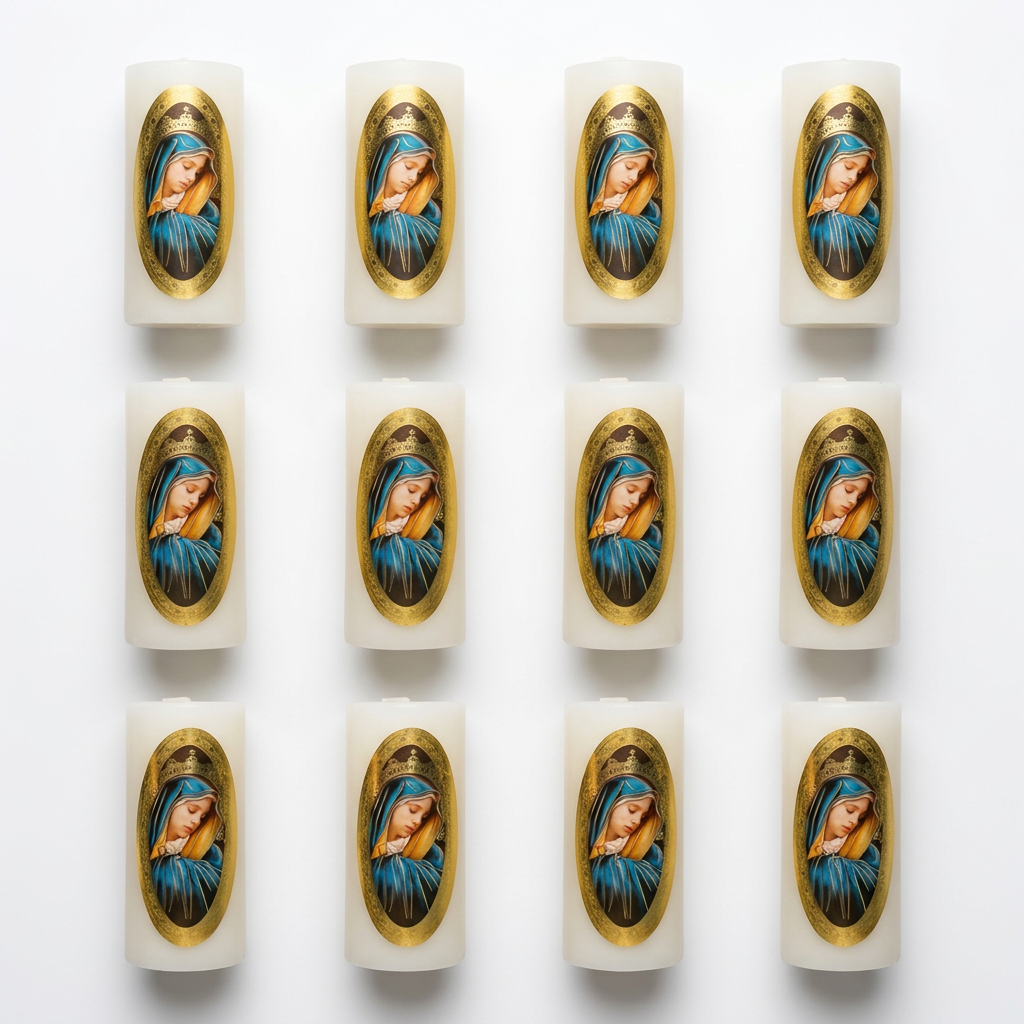 Velas Religiosas Virgen Dolorosa · 8x3.5cm · Pack 12 piezas