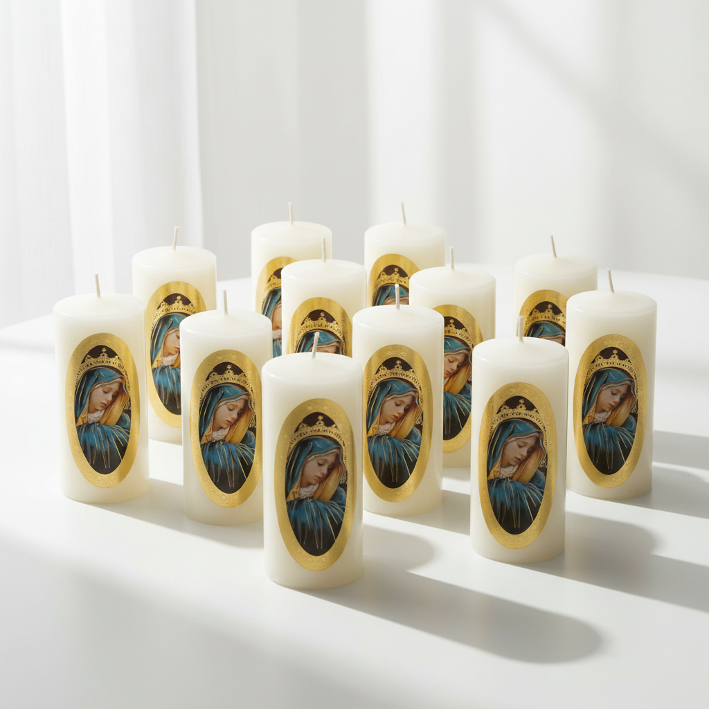 Velas Religiosas Virgen Dolorosa · 8x3.5cm · Pack 12 piezas