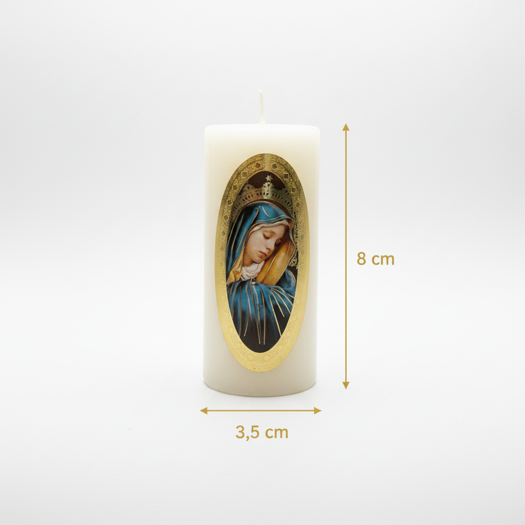 Velas Religiosas Virgen Dolorosa · 8x3.5cm · Pack 12 piezas