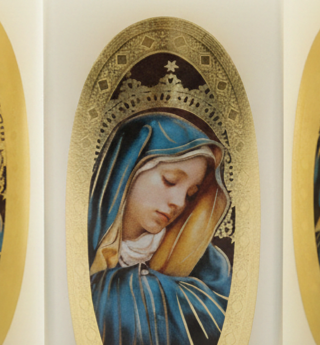 Velas Religiosas Virgen Dolorosa · 8x3.5cm · Pack 12 piezas