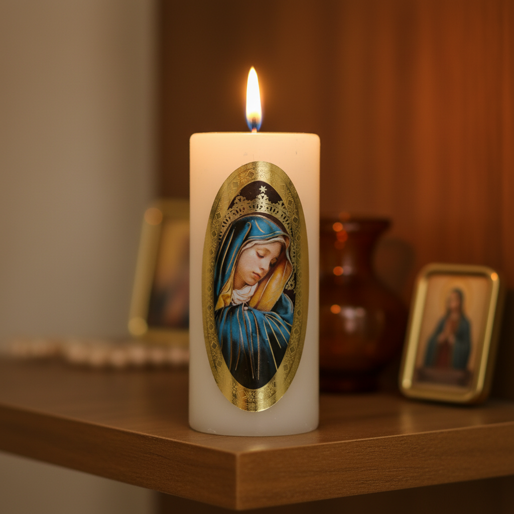 Velas Religiosas Virgen Dolorosa · 8x3.5cm · Pack 12 piezas