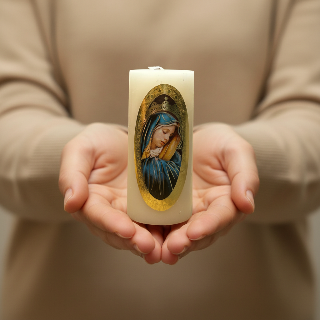 Velas Religiosas Virgen Dolorosa · 8x3.5cm · Pack 12 piezas