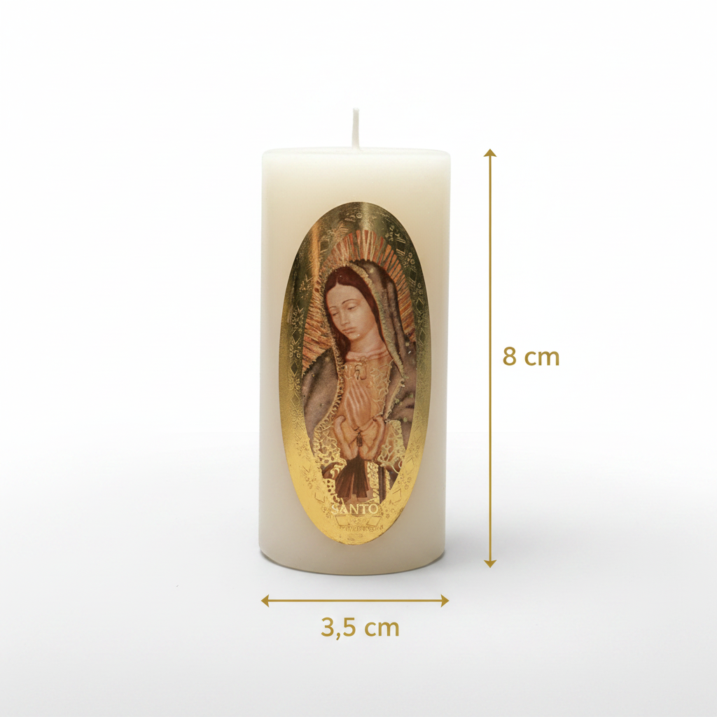 Velas Religiosas Virgen de Guadalupe · 8x3.5cm · Pack 12 piezas