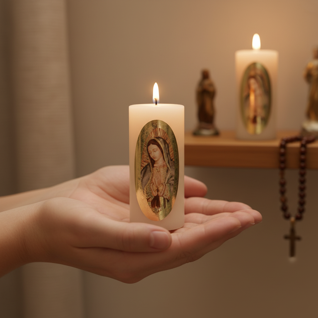 Velas Religiosas Virgen de Guadalupe · 8x3.5cm · Pack 12 piezas