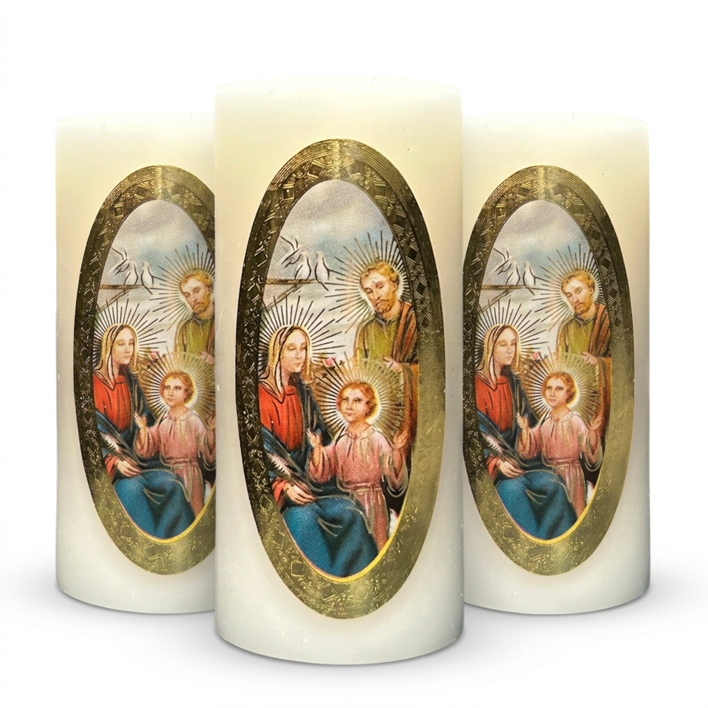 Velas Religiosas Sagrada Familia · 8x3.5cm · Pack 12 piezas