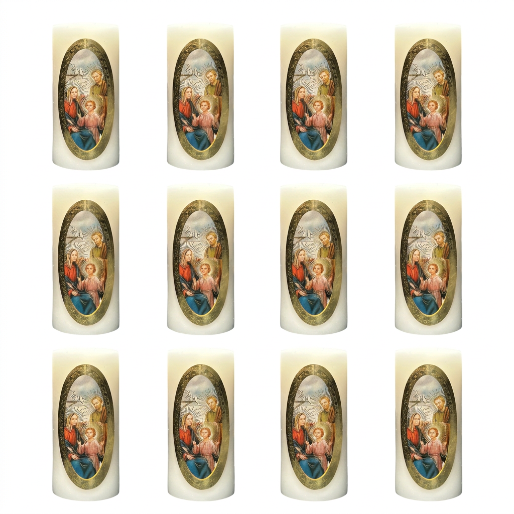 Velas Religiosas Sagrada Familia · 8x3.5cm · Pack 12 piezas