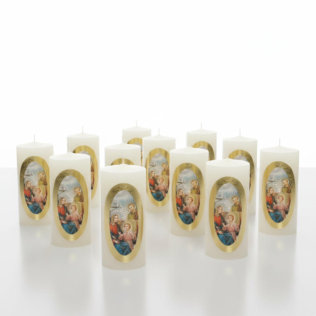 Velas Religiosas Sagrada Familia · 8x3.5cm · Pack 12 piezas