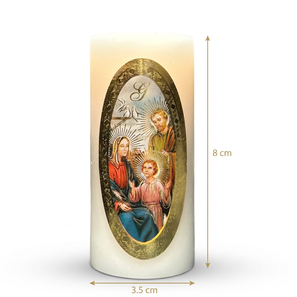 Velas Religiosas Sagrada Familia · 8x3.5cm · Pack 12 piezas