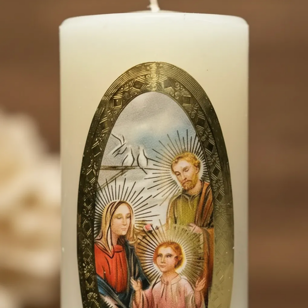 Velas Religiosas Sagrada Familia · 8x3.5cm · Pack 12 piezas