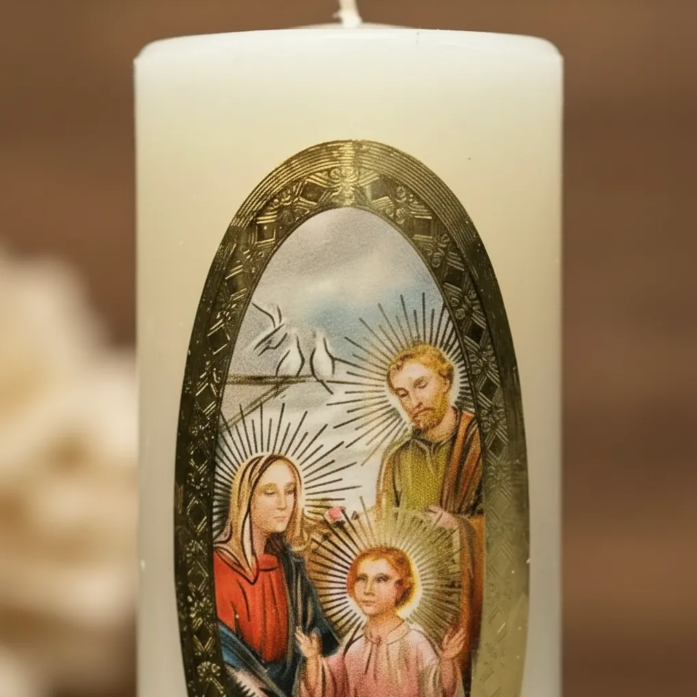 Velas Religiosas Sagrada Familia · 8x3.5cm · Pack 12 piezas