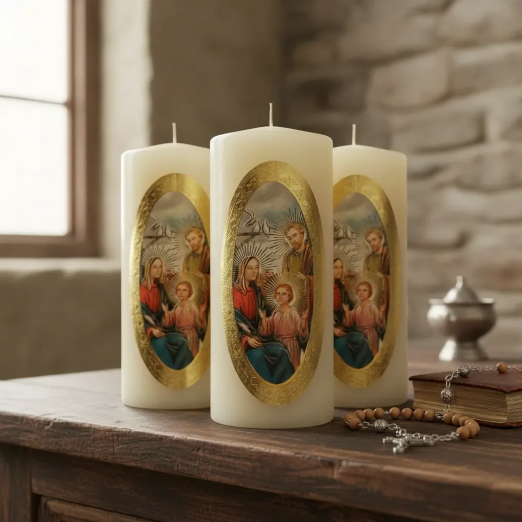 Velas Religiosas Sagrada Familia · 8x3.5cm · Pack 12 piezas