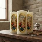 Velas Religiosas Sagrada Familia · 8x3.5cm · Pack 12 piezas