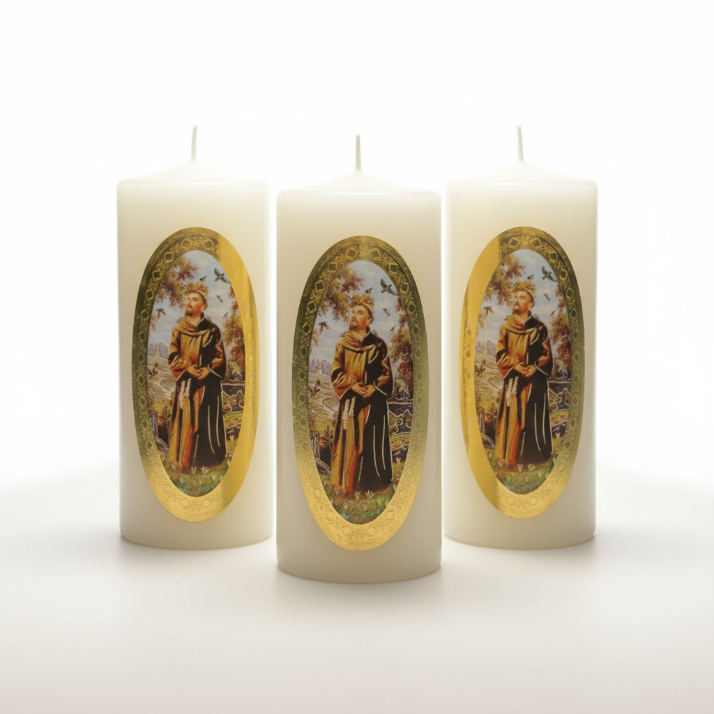 Velas Religiosas San Francisco de Asís · 8x3.5cm · Pack 12 piezas