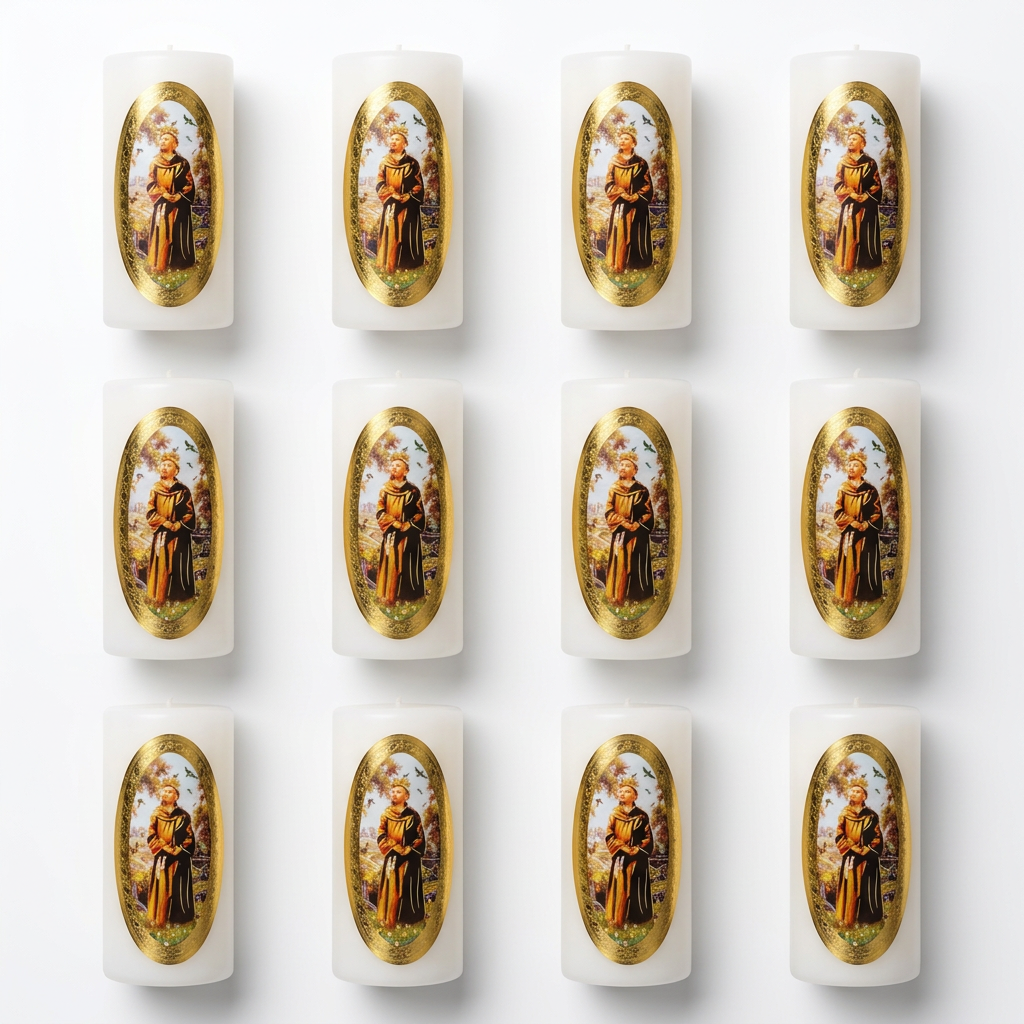 Velas Religiosas San Francisco de Asís · 8x3.5cm · Pack 12 piezas