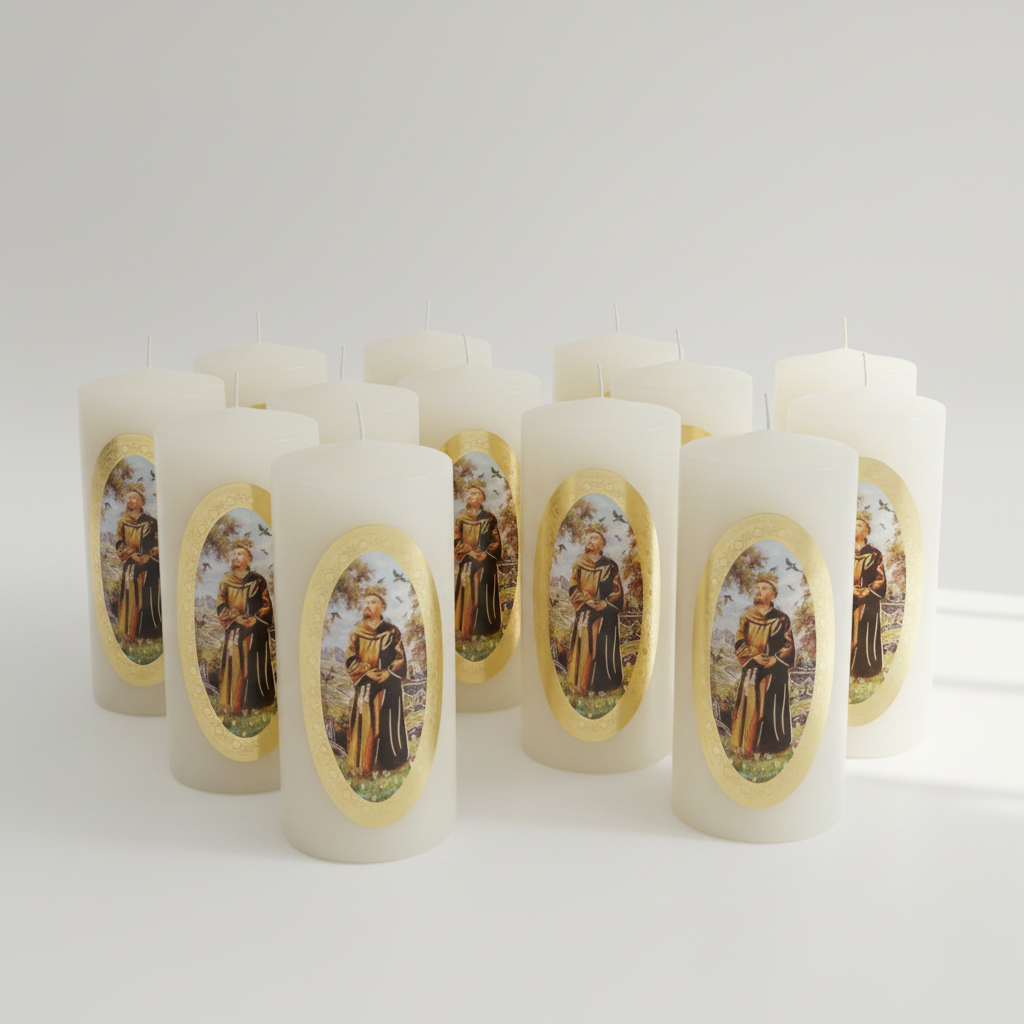 Velas Religiosas San Francisco de Asís · 8x3.5cm · Pack 12 piezas