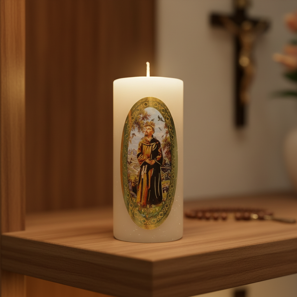 Velas Religiosas San Francisco de Asís · 8x3.5cm · Pack 12 piezas