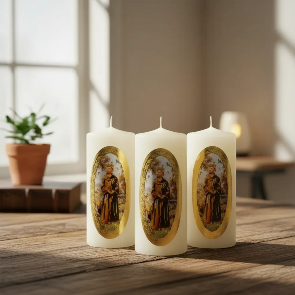 Velas Religiosas San Francisco de Asís · 8x3.5cm · Pack 12 piezas