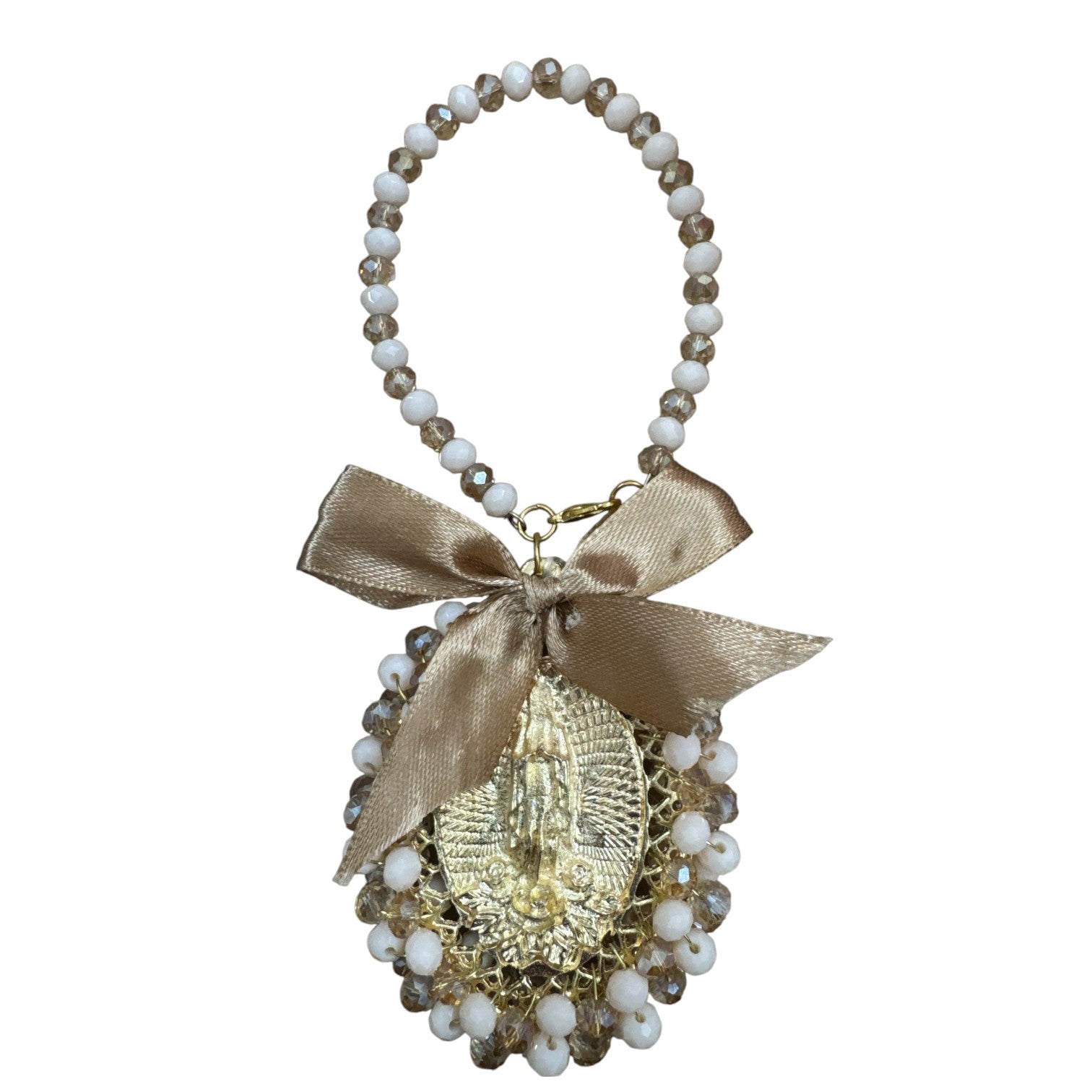 Bendición de la Virgen de Guadalupe con cuentas blancas para colgar en espejo de auto o puerta de casa