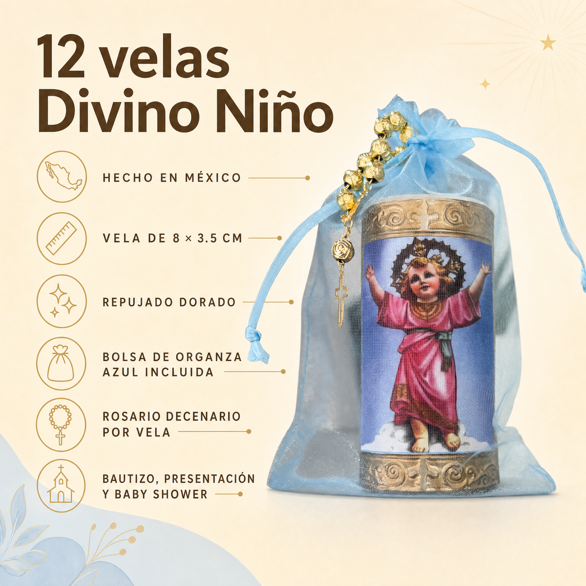 Velas de Divino Niño en Repujado con Misterio - Pack de 12